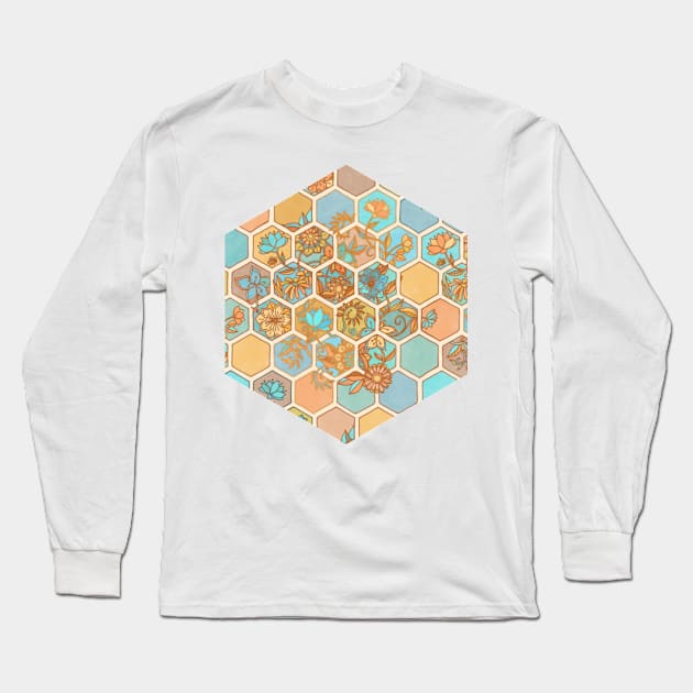 Golden Honeycomb Tangle - hexagon doodle in peach, blue, mint & cream Long Sleeve T-Shirt by micklyn